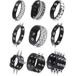 9-Piece Punk Leather Bracelet Set with Rivets and Metal Studs for Men Women